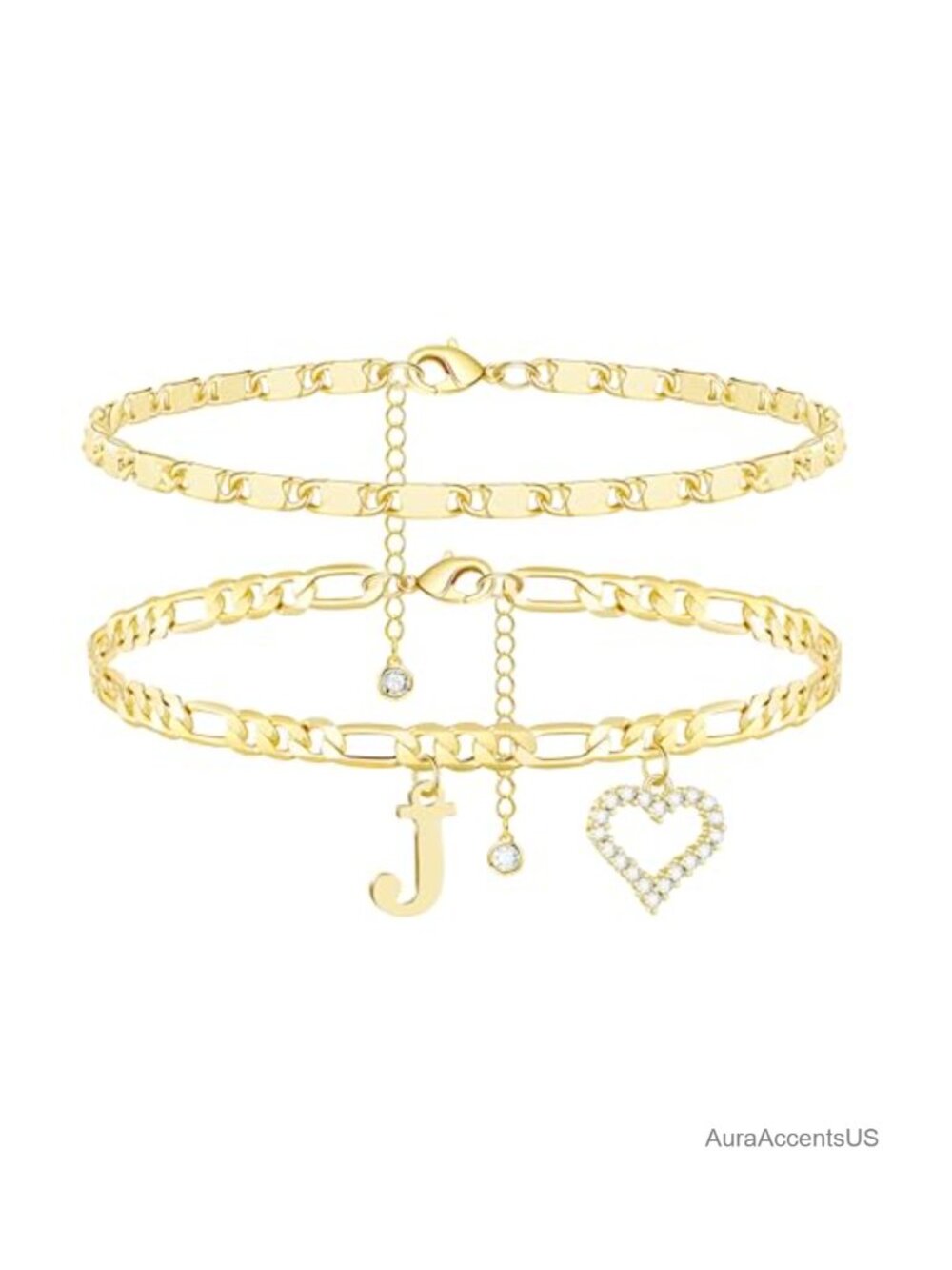 Waterproof 14K Gold Plated Dainty Figaro Chain Letter Initial CZ Heart Ankle